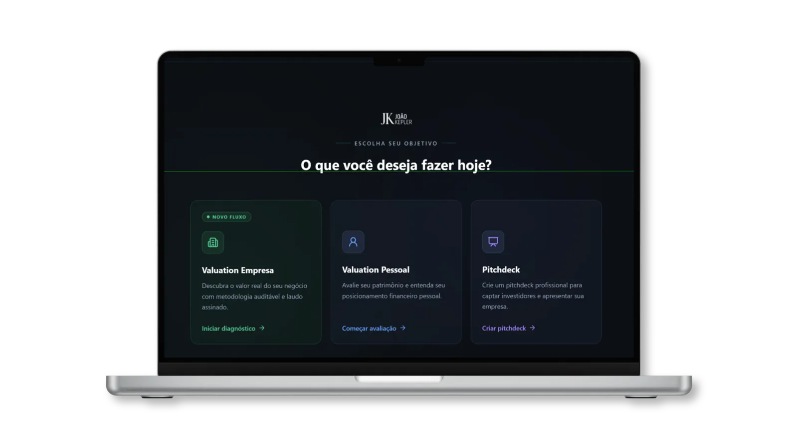 Interface da plataforma Valuation JK: escolha entre Valuation Empresa, Valuation Pessoal e Pitchdeck.